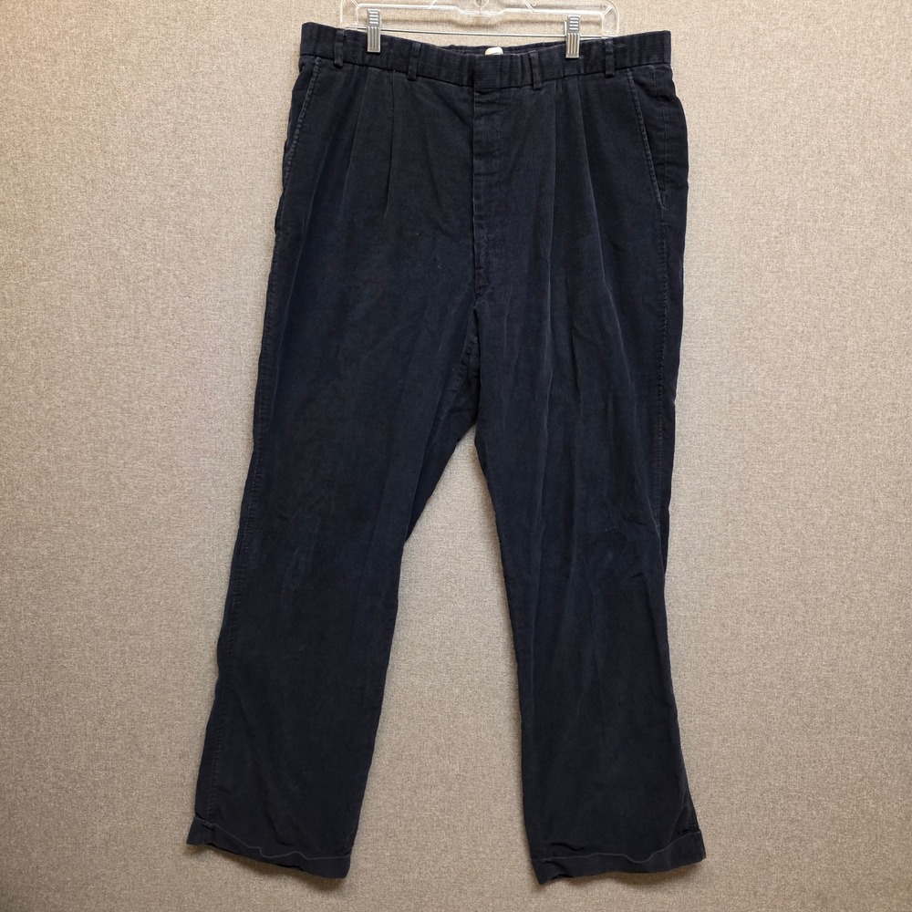 Vintage Lands End Mens 40 Navy Blue Corduroy Pleated Cuffed Pants Made in USA